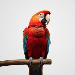 Macaw purchase showing colorful macaw bird perched indoors, healthy and well-socialized companion parrot